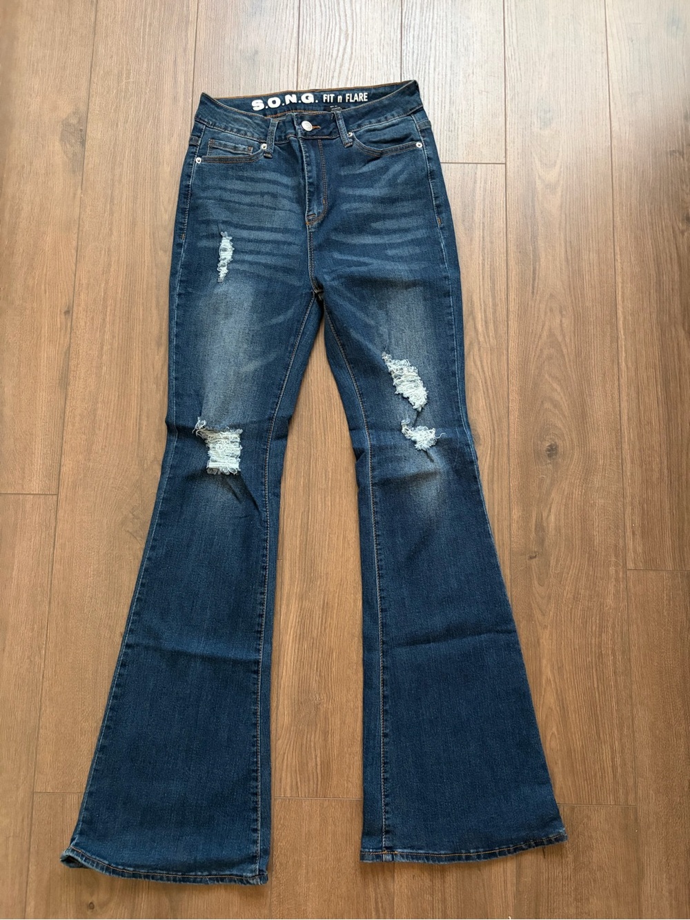 Dark Blue High-Rise Fit & Flare Distressed Jeans
